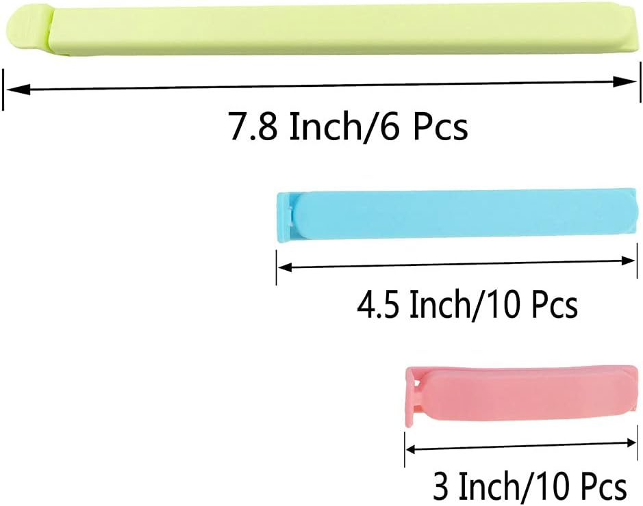 26Pcs Plastic Sealing Clips for Food and Snack Bags by YINGFENG, 3-4.5 -7.8inch, Fresh-Keeping Clamp Sealer, Assorted Sizes and Colors