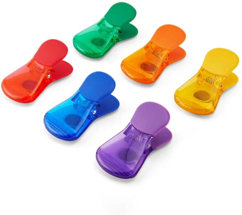 Farberware Classic Wide Bag Clips Set of 6, Magnetic Chip Clips with Strong Spring and Ribbed Grip for Sealing Food Bags, Hanging Notes and Recipes