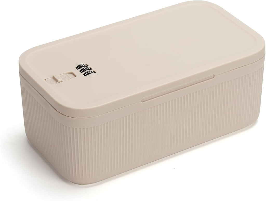 SANIDIKA Lockable Storage Box, Locking Medicine Box, Cell Phone Locked Jail, Food Medical Lockbox, Containers Bin for Personal Refrigerator Home Office Organization Travel Gift,9.25 x 5 x 3.6 (Cream)