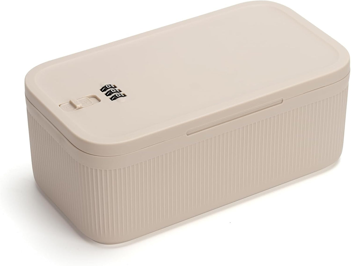 SANIDIKA Lockable Storage Box, Locking Medicine Box, Cell Phone Locked Jail, Food Medical Lockbox, Containers Bin for Personal Refrigerator Home Office Organization Travel Gift,9.25 x 5 x 3.6 (Cream)