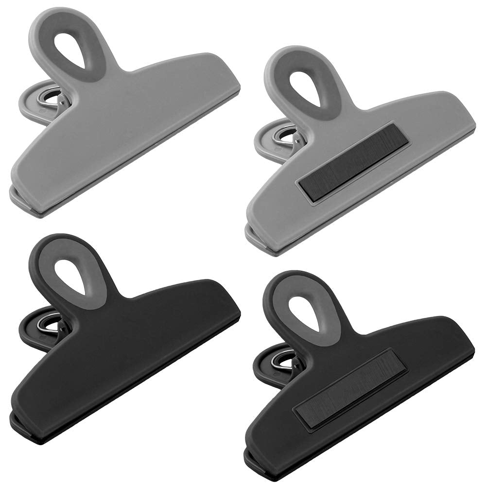 COOK WITH COLOR Bag Clips - Heavy Duty Chip Clip and Refrigerator Magnet Clips for Food Storage with Air Tight Seal Grip, Black, Pack of 4 Large Clips