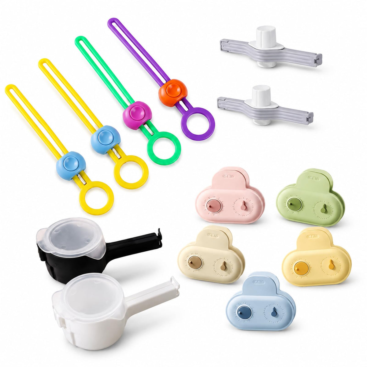 6 food bag sealing clips with built-in date scale-heavy reusable kitchen sealer for French fries, bread, snacks and leftovers (3 sizes in random colors) (6 sealing clips)