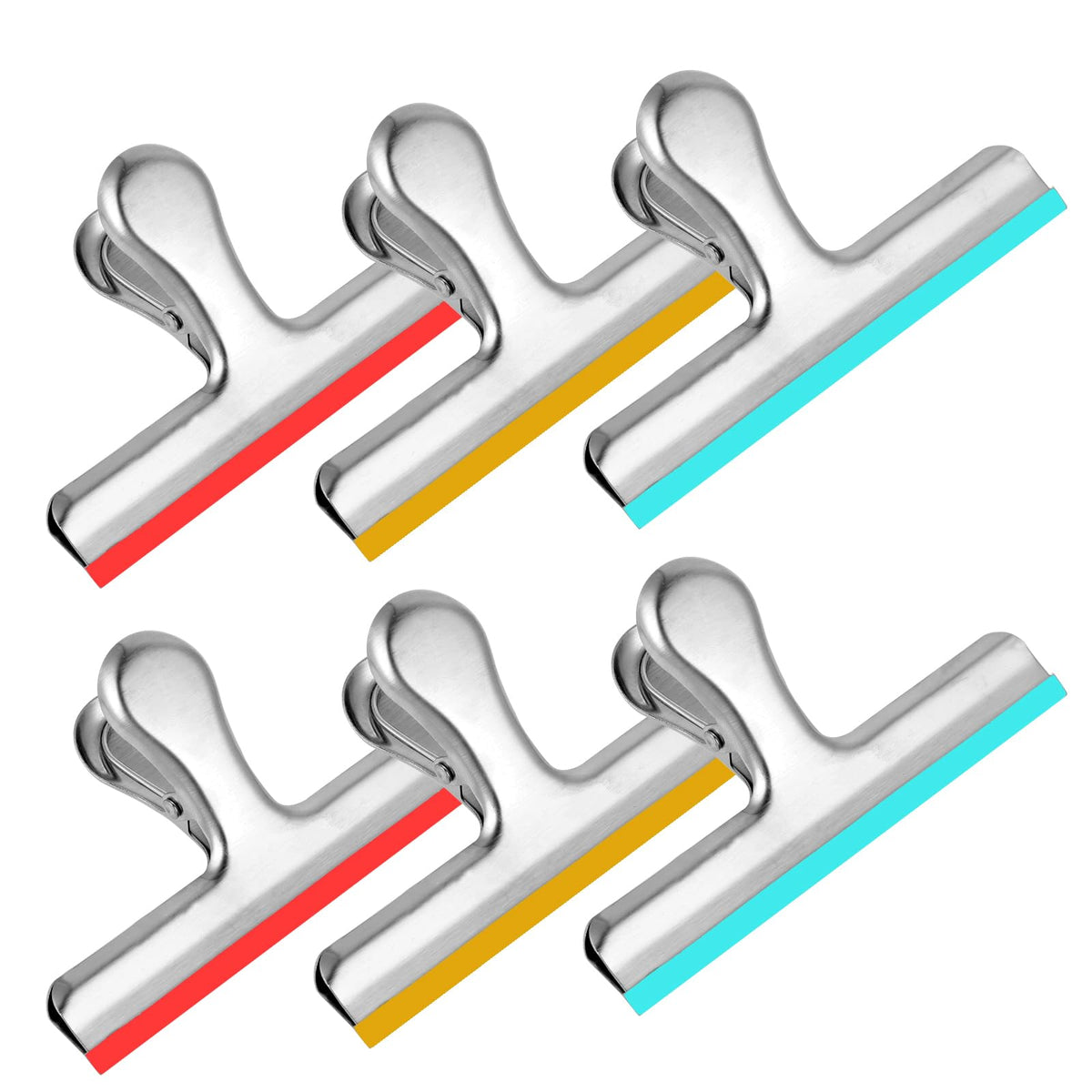 HOUSE AGAIN 6 Pack Stainless Steel Chip Bag Clips Covered with Colorful Silicone - NO More Sharp Edges - Color Coded for Food Bags - Air Tight Seal, Heavy Duty for Kitchen and Office, 5 Inches-Silver