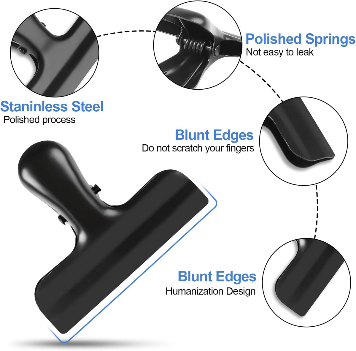 6 Pack Bag Clips, Stainless Steel Chip Clip, Black Chip Clips Bag Clips Food Clips, Bag Clips for Food, Heavy Duty Air Tight Seal Kitchen Clips Snack Clips Food Bag Clamp Clips