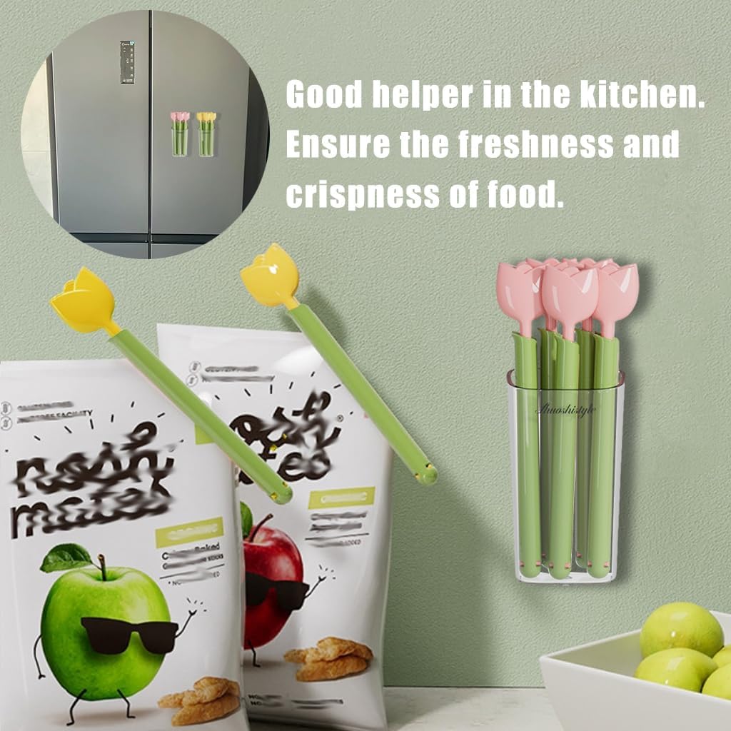 Ouliget Magnetic Refrigerator Sealing Clip,Cute Tulip Shaped Food Packages Clips，Chip Clips with Magnet Storage Box Fridge Magnets, Food Freshness Bag Clip Kitchen Accessories,2 Pieces of 10