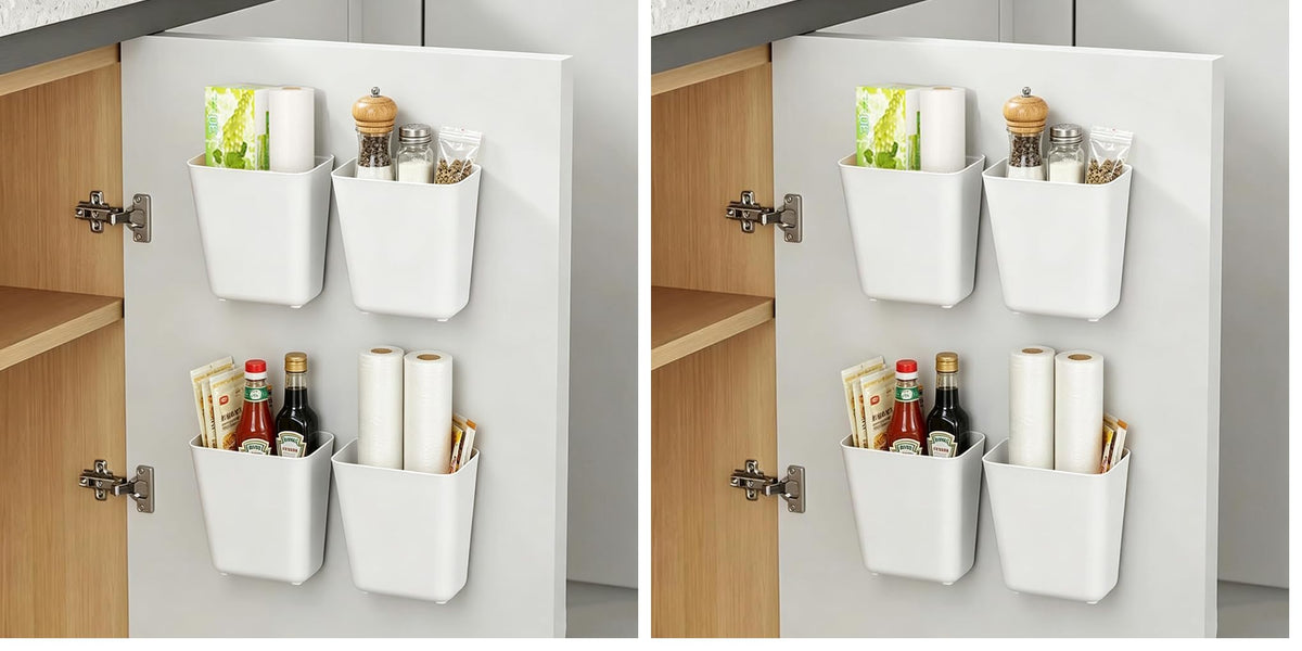 4 Piece Kitchen Cabinet Door Storage Box,Self Adhesive Wall Mounted Storage Box,Wardrobe/Bathroom/Refrigerator Small Items Organizer