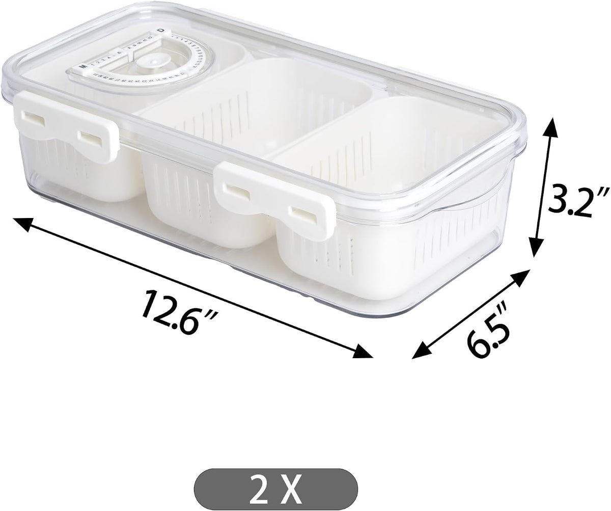 2Pack Divided Snackle Box Charcuterie Container Poratble Bacon Container for Refrigerator 3 Compartment Serving Veggie Tray with Lid Portable Travel Fruit Caddy for Cheese,Candy,Ham,Salad