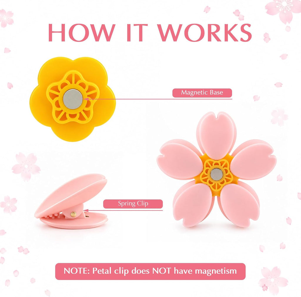 4 Pack Cherry Blossom Chip Clips Magnetic, 4 Flowers 30 Clips