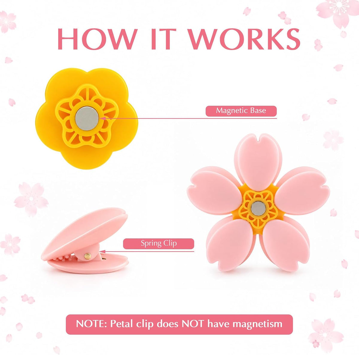 4 Pack Cherry Blossom Chip Clips Magnetic, 4 Flowers 30 Clips