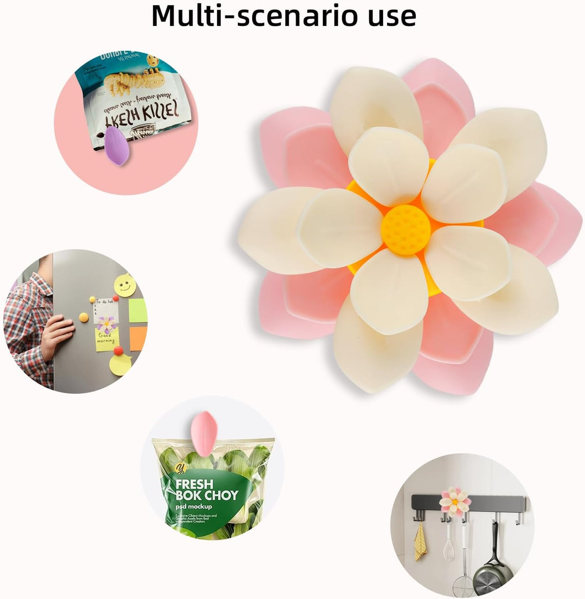 Flower Chip Clips Magnetic (Lotus Design), 10-Piece Cute Magnetic Chip for Fridge – Airtight Food Sealing, Multi-Use (Hair Clip/Decor), Fridge Magnet Clips for Snacks/Bread (Pink)