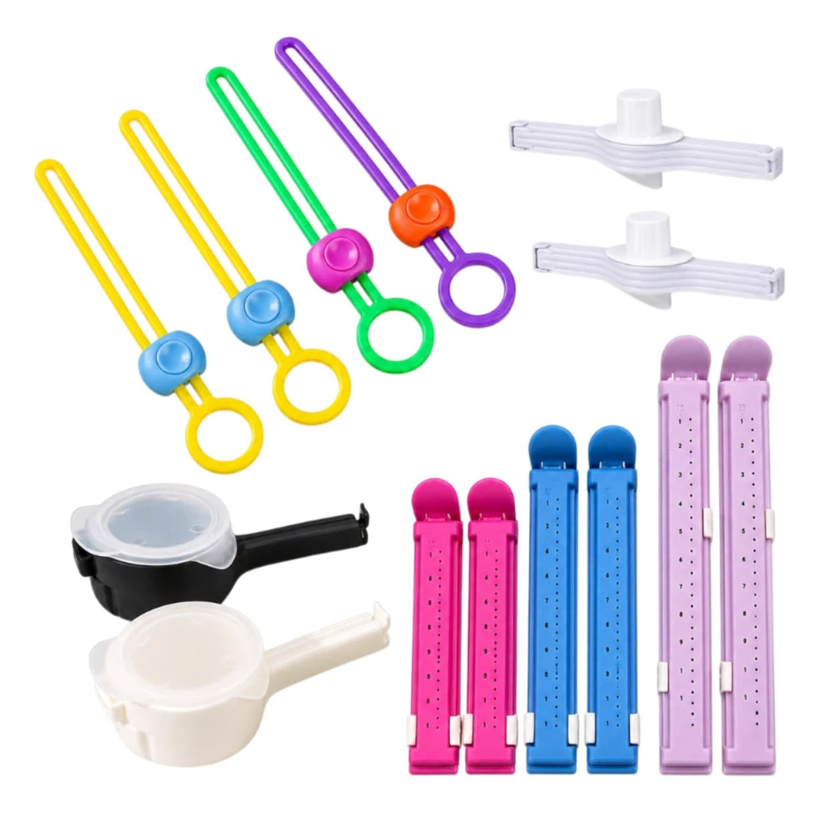 6 food bag sealing clips with built-in date scale-heavy reusable kitchen sealer for French fries, bread, snacks and leftovers (3 sizes in random colors) (6 sealing clips)