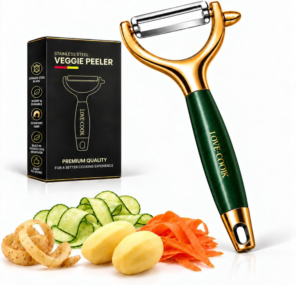 Vegetable Peeler, 420 Stainless Steel Swivel Y-Shaped Blade with Wooden & ABS Handle, Ultra Sharp Potato, Carrot & Apple Peeler, Ergonomic Non-Slip Kitchen Tool (Green&Golden)