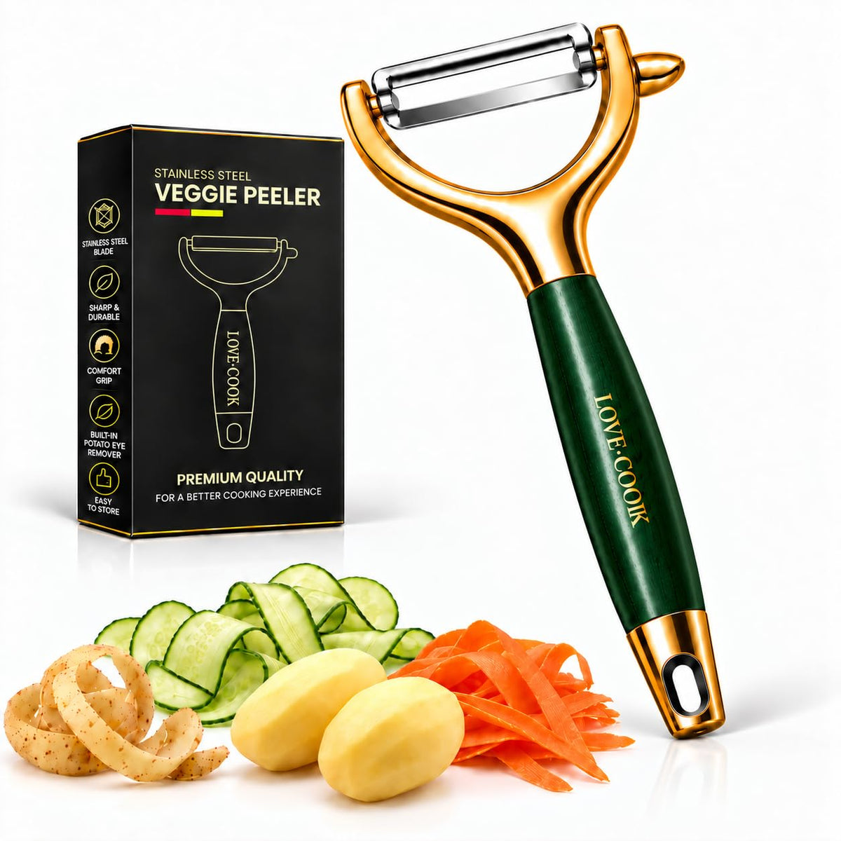 Vegetable Peeler, 420 Stainless Steel Swivel Y-Shaped Blade with Wooden & ABS Handle, Ultra Sharp Potato, Carrot & Apple Peeler, Ergonomic Non-Slip Kitchen Tool (Green&Golden)