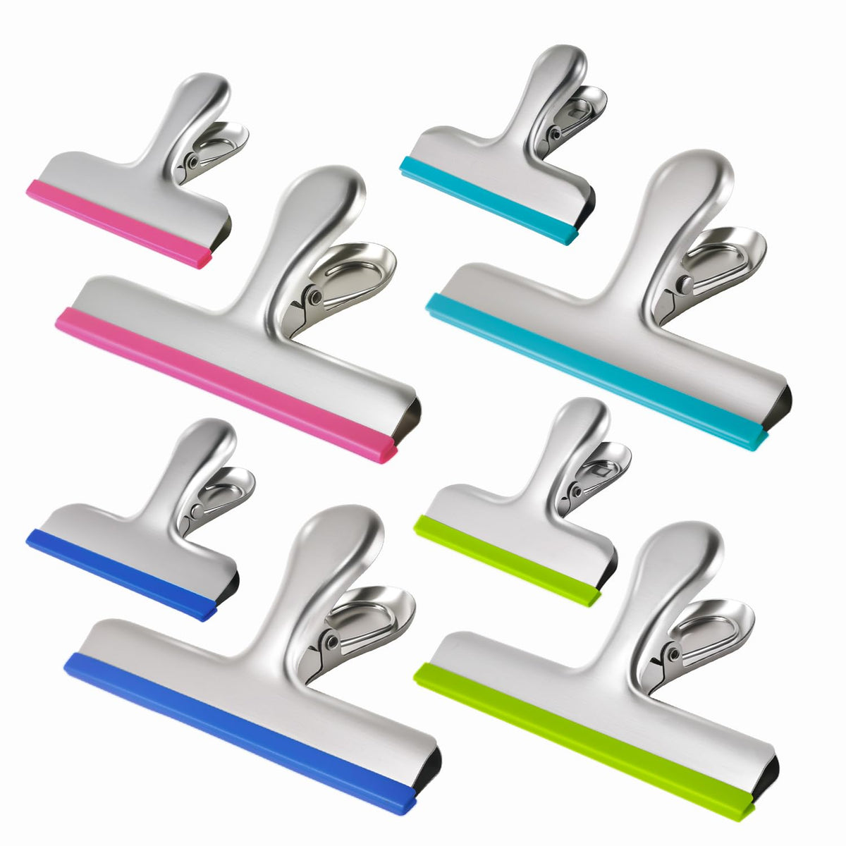 HOUSE AGAIN 6 Pack Stainless Steel Chip Bag Clips Covered with Colorful Silicone - NO More Sharp Edges - Color Coded for Food Bags - Air Tight Seal, Heavy Duty for Kitchen and Office, 5 Inches-Silver