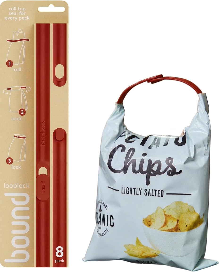 Bound Looplock Reusable Bag Sealer, Roll Top Food Storage Seal, 8 Pack, Mango