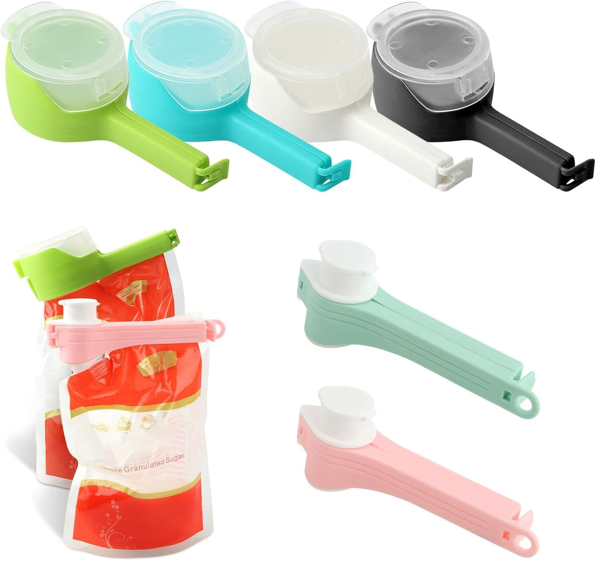 6Pcs Bag Clip with Pour Spout, Bag Clips for Food Storage Sealing Clips, Seal and Pour Bag Clip, Reusable Plastic Cap Sealer Clips for Snack Storage(COLOR:Type A)