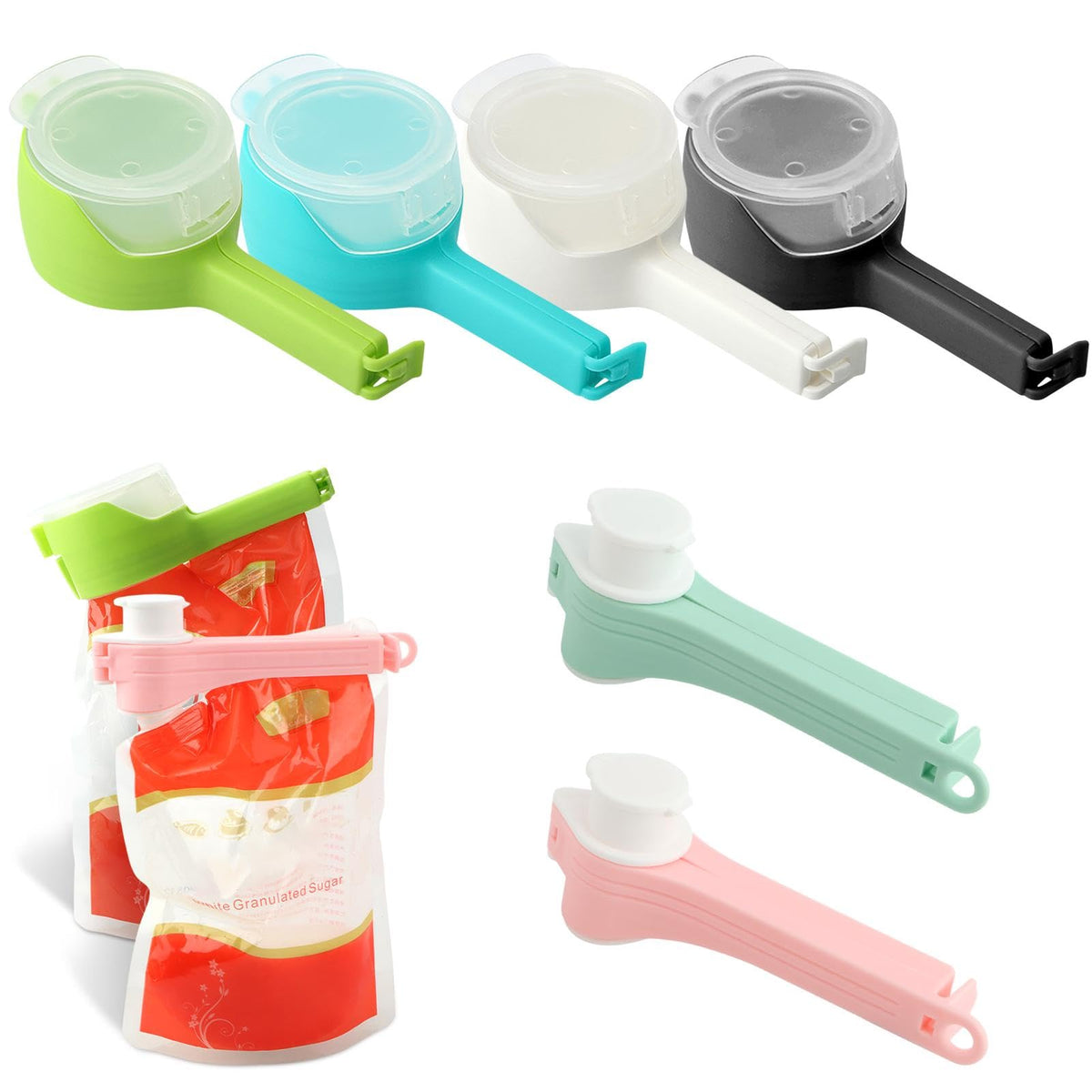 6Pcs Bag Clip with Pour Spout, Bag Clips for Food Storage Sealing Clips, Seal and Pour Bag Clip, Reusable Plastic Cap Sealer Clips for Snack Storage(COLOR:Type A)