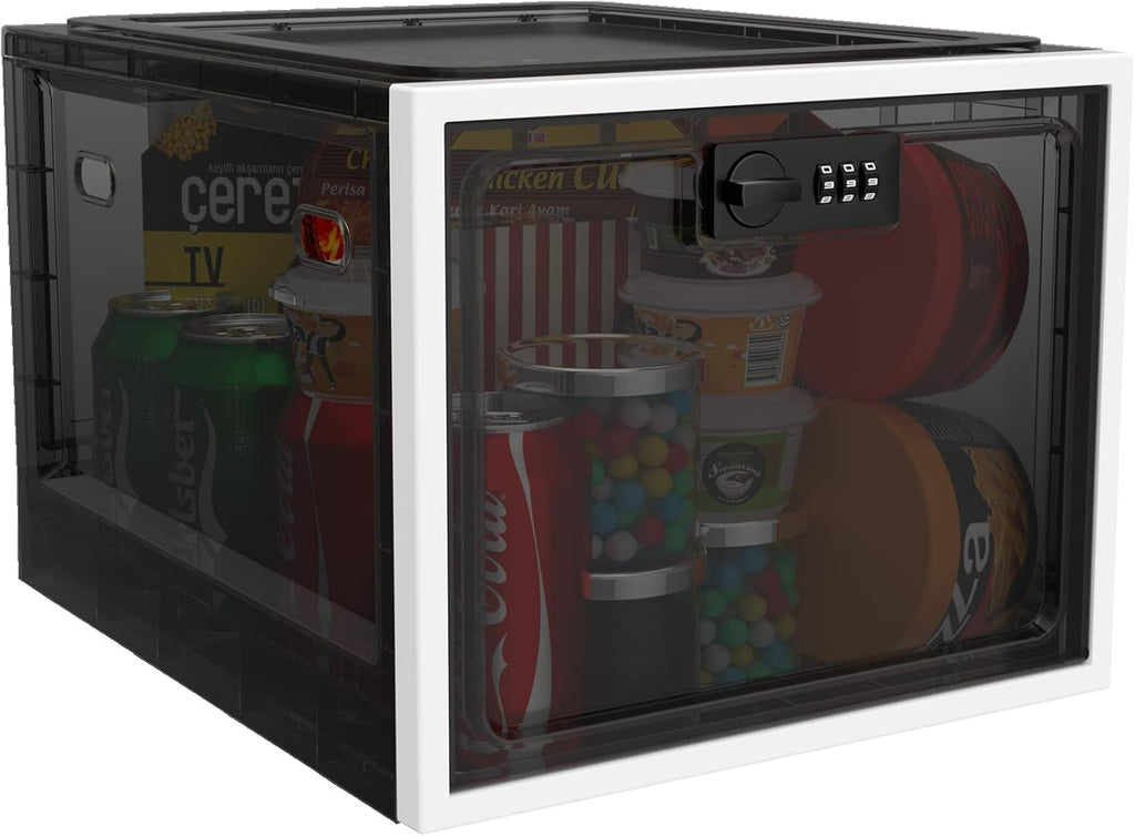 Large Medication Lock Box with Code, Clear Lockable Storage Box for Refrigerator, Cabinet & Dorm, Stackable Medicine Box for Prescriptions, Snacks, Phone, 11.9" x 9.3" x 7.6", Black