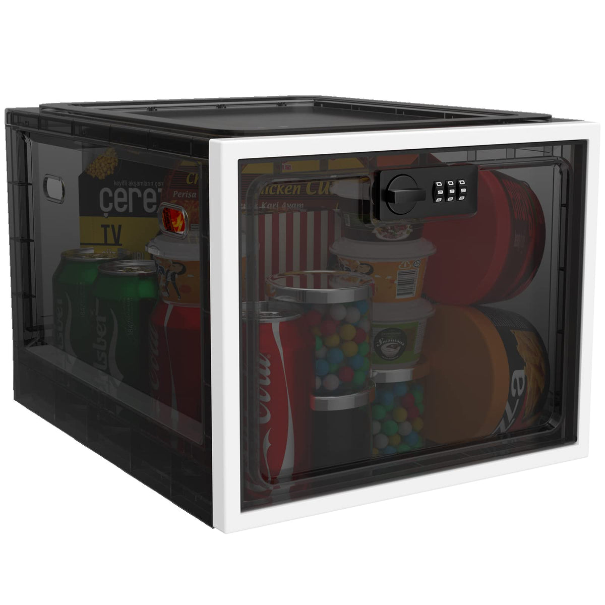 Large Medication Lock Box with Code, Clear Lockable Storage Box for Refrigerator, Cabinet & Dorm, Stackable Medicine Box for Prescriptions, Snacks, Phone, 11.9" x 9.3" x 7.6", Black
