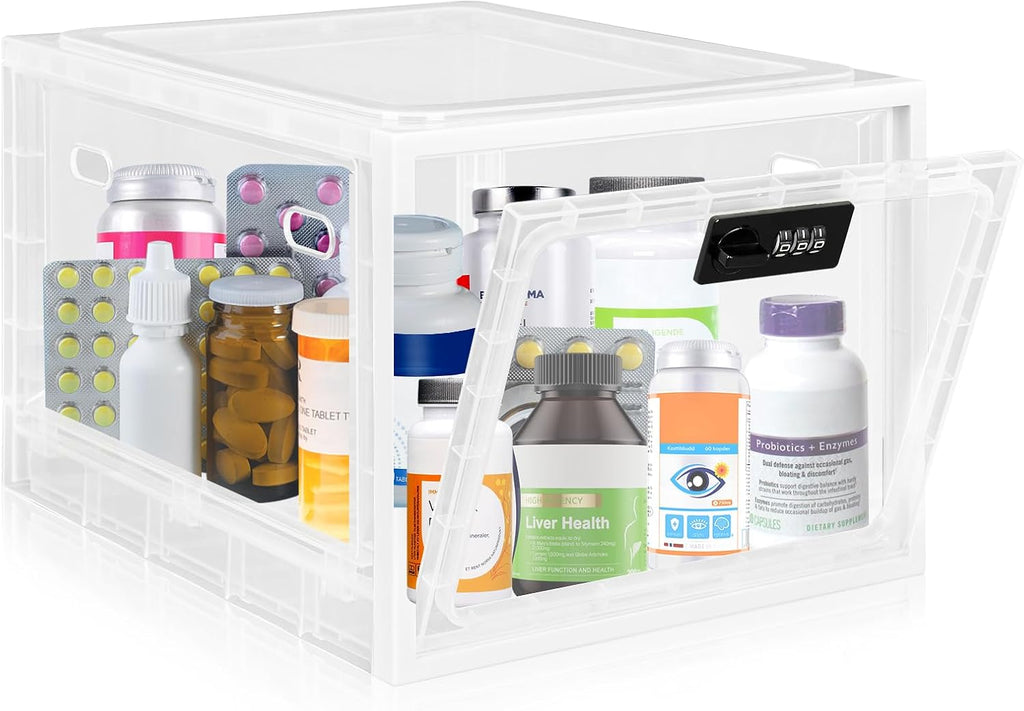 Medicine Lock Box for Safe Medication, Premium Material Lockable Storage Box Locking Organizer Bin with Combination Code for Fridge Food/Snacks/Phone/Tablet Jail/Home/Office Storage Lockers