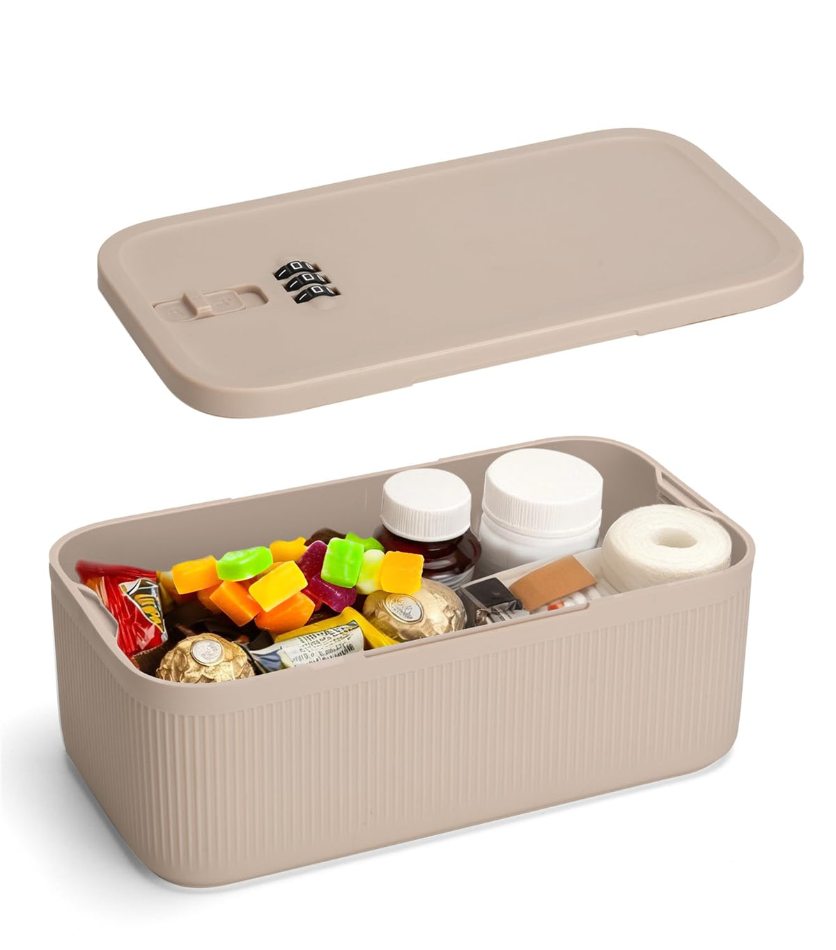 Locking Medicine Box with Code, Small Lockable Storage Box for Medications, Snacks, Phone & Food, Ideal for Home, Office, Fridge, Dorm, School, Travel, Gift (Beige)