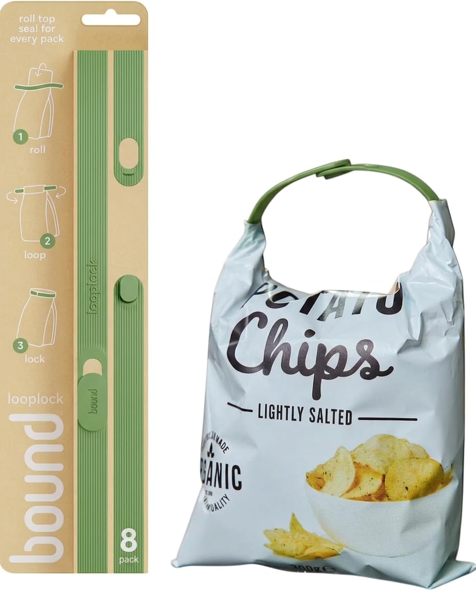 Bound Looplock Reusable Bag Sealer, Roll Top Food Storage Seal, 8 Pack, Mango