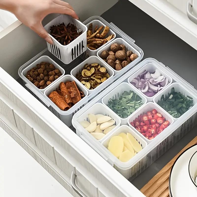6-in-1 Multifunctional Refrigerator Storage Bin with Lid - Dust-Proof, Food Preservation & Drainage Box for Onions, Garlic, Fruits & More