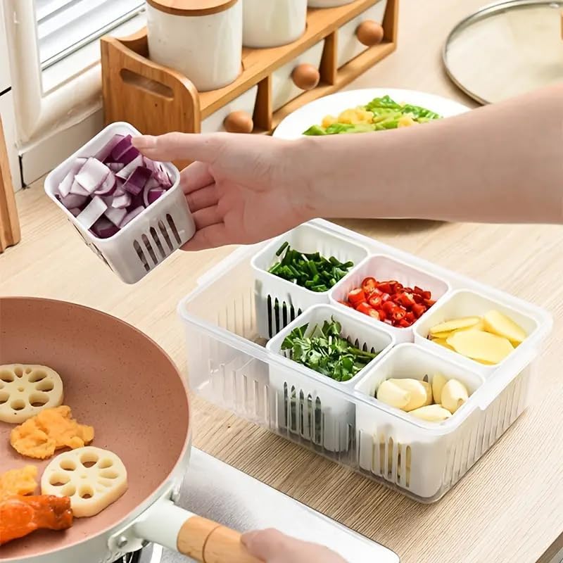 6-in-1 Multifunctional Refrigerator Storage Bin with Lid - Dust-Proof, Food Preservation & Drainage Box for Onions, Garlic, Fruits & More
