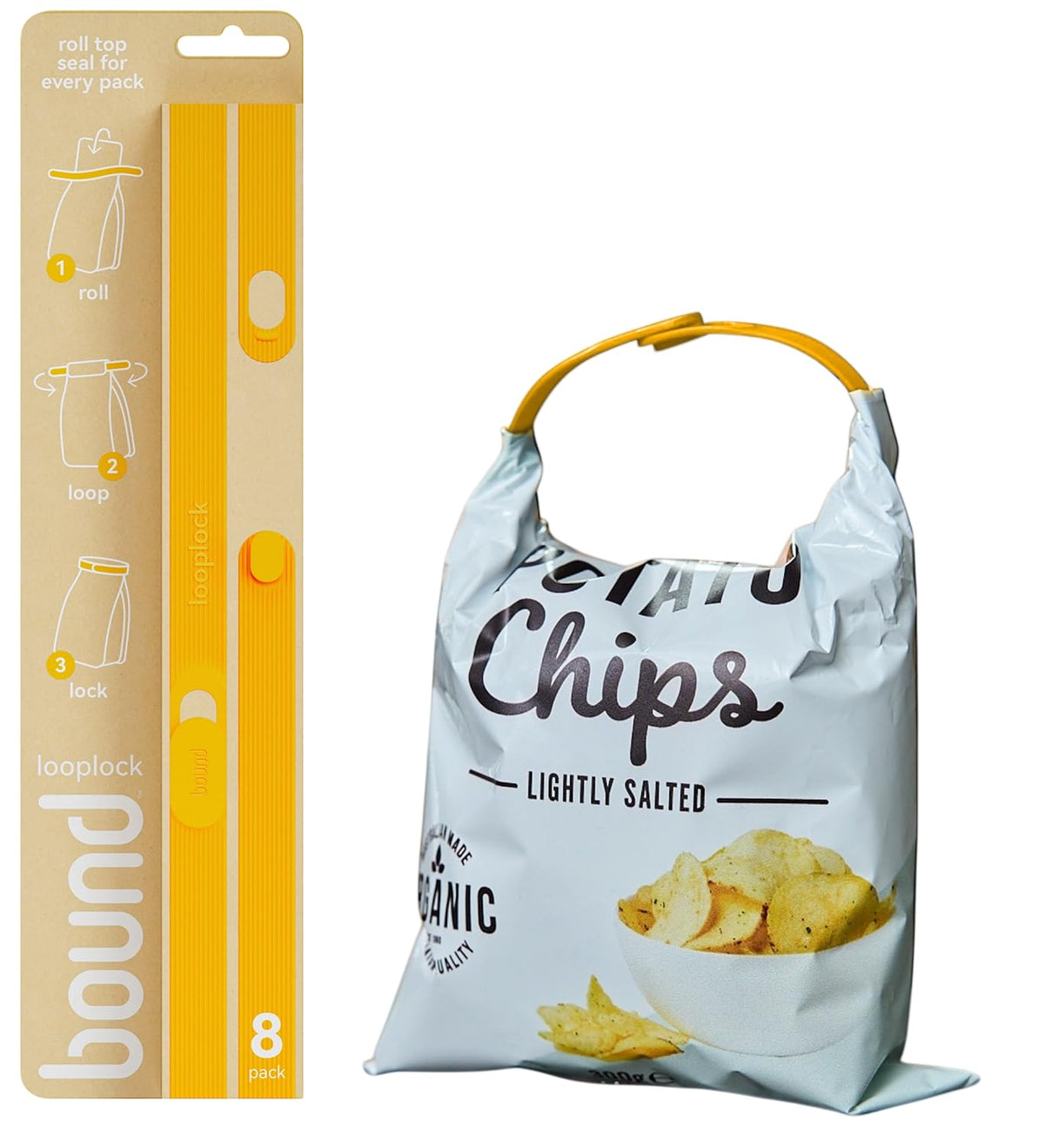 Bound Looplock Reusable Bag Sealer, Roll Top Food Storage Seal, 8 Pack, Mango