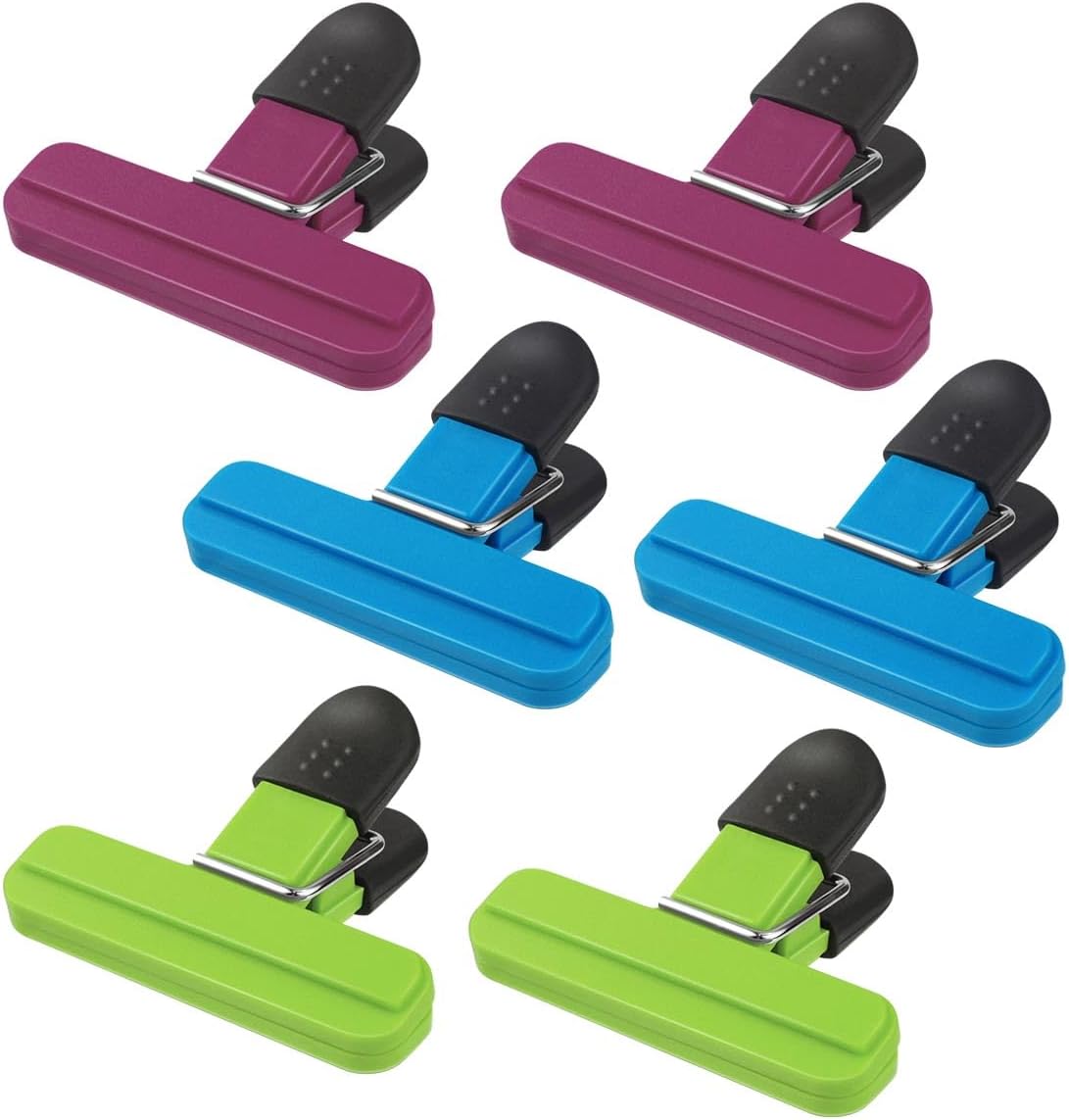 6 Pack Chip Bag Chips Food Clips with Heavy Duty Tight Seal Grip Plastic Bags Clips for Food Storage Assorted Colors Food Bag Clips Snack Clips Small Sizes Kitchen Clip for Coffee Snacks (3 Colors)