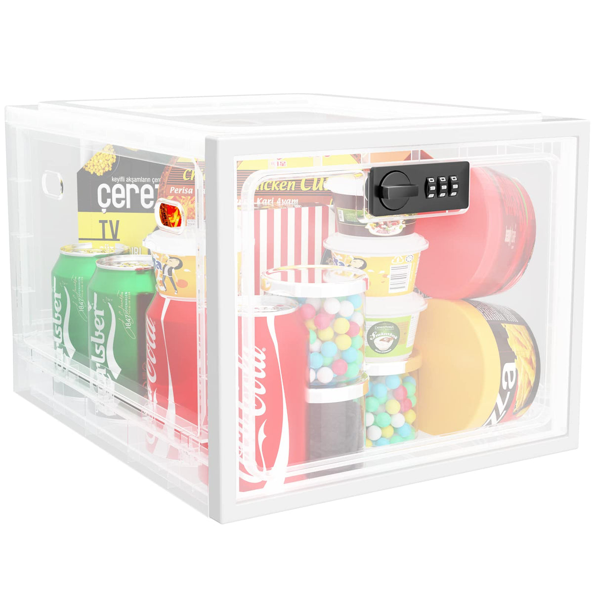 Large Medication Lock Box with Code, Clear Lockable Storage Box for Refrigerator, Cabinet & Dorm, Stackable Medicine Box for Prescriptions, Snacks, Phone, 11.9" x 9.3" x 7.6", Black