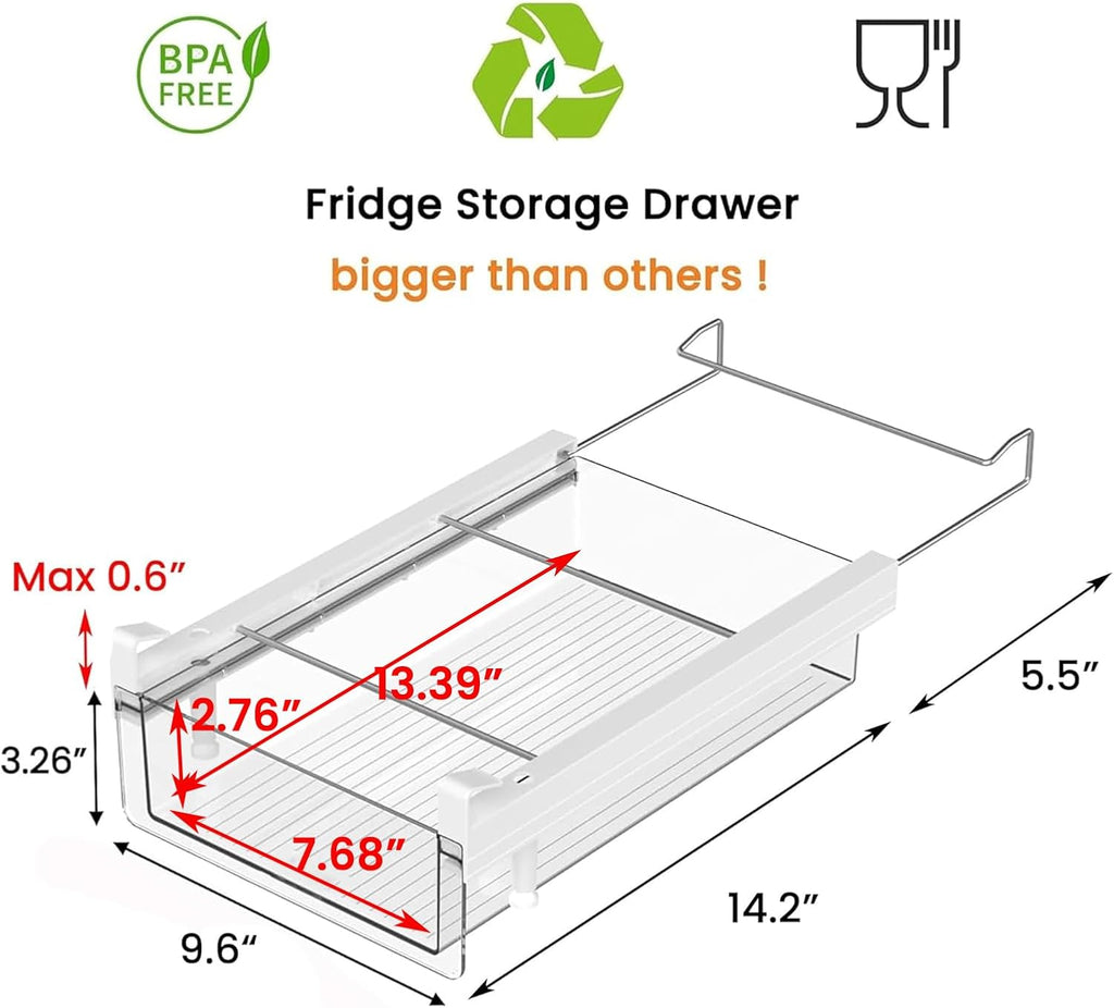 vacane Large Fridge Under Shelf Drawer, Pull Out Refrigerator Drawer Organizer Fridge Organizer Bins, Fridge Storage Container Holder for Produce, Deli Meat, Cheese, Bacon, Easy to Install-L