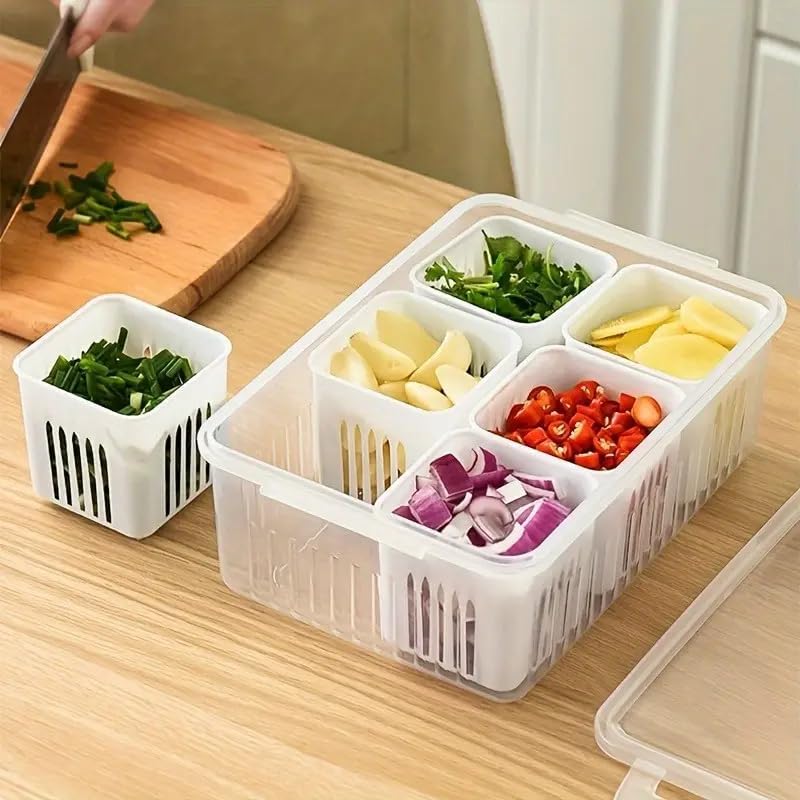 6-in-1 Multifunctional Refrigerator Storage Bin with Lid - Dust-Proof, Food Preservation & Drainage Box for Onions, Garlic, Fruits & More