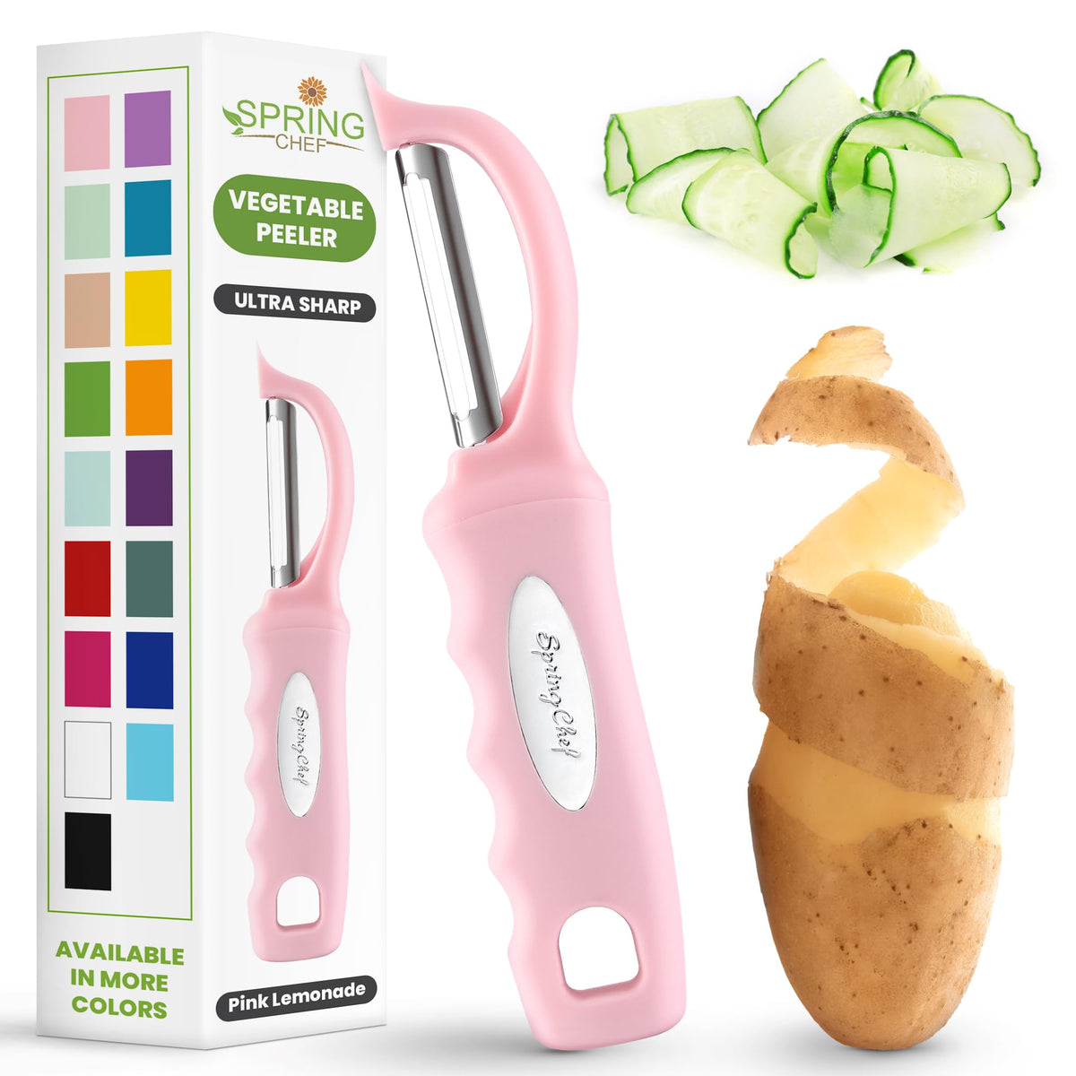 Spring Chef Swivel Potato Peeler for Kitchen w/Soft Grip Handle, Sapphire