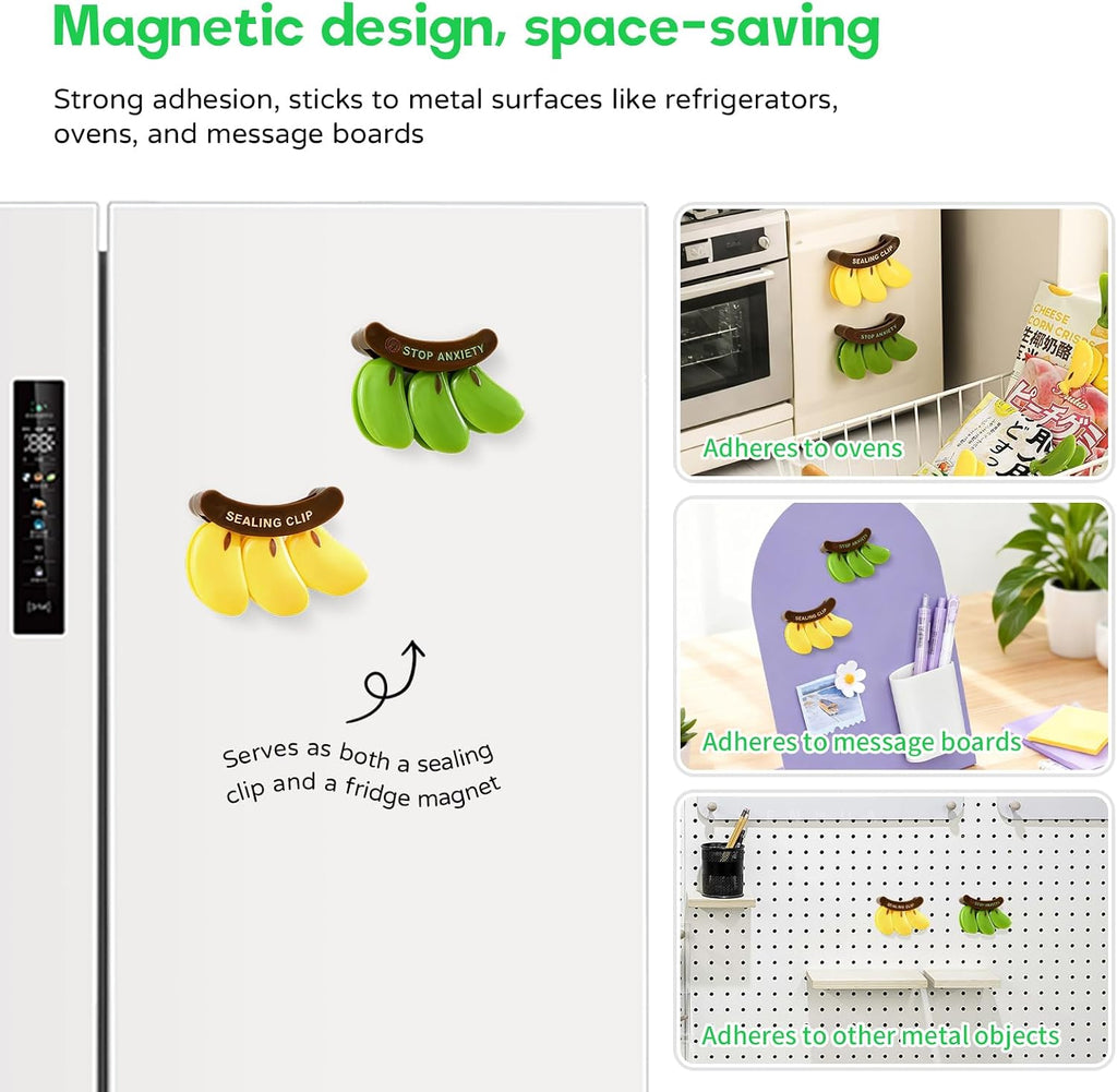2PCS Cute Fridge Magnets Banana Shape Yellow/Green, Multi-Function Refrigerator Magnets Bag Sealing Clips, Decorative Food Storage Clips for Home Kitchen Office, Practical Gift for Housewarming/Xmas