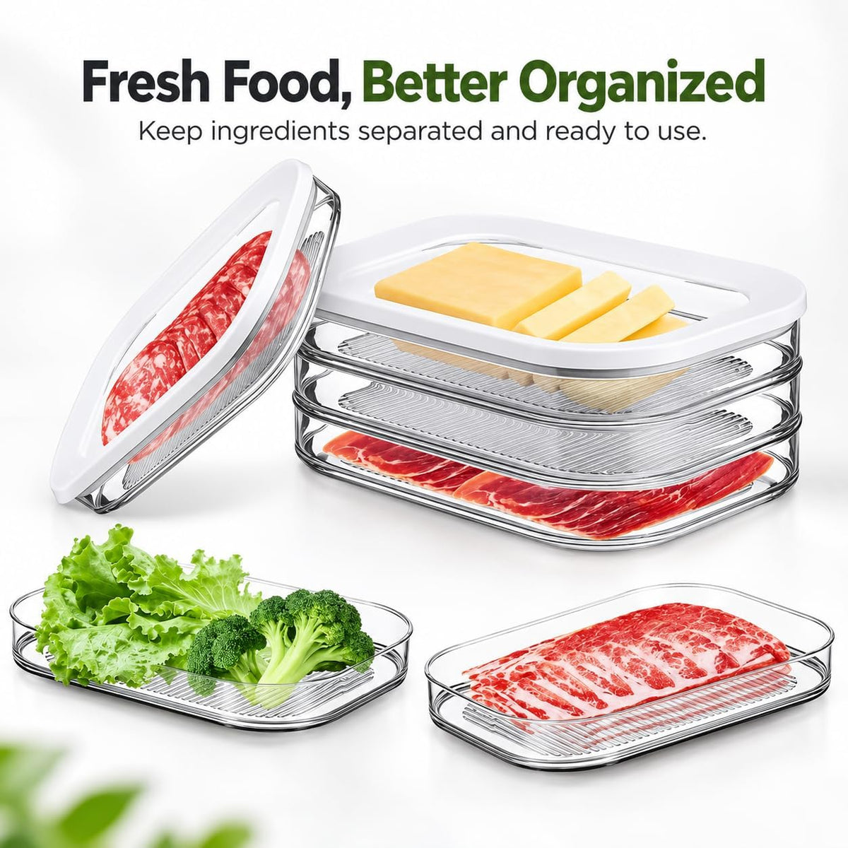 6 Pcs Deli Meat Container for Fridge with 2 Lids, Stackable Bacon & Cheese Storage Boxes for Lunch Meat, Cold Cuts, Cheese, Salami