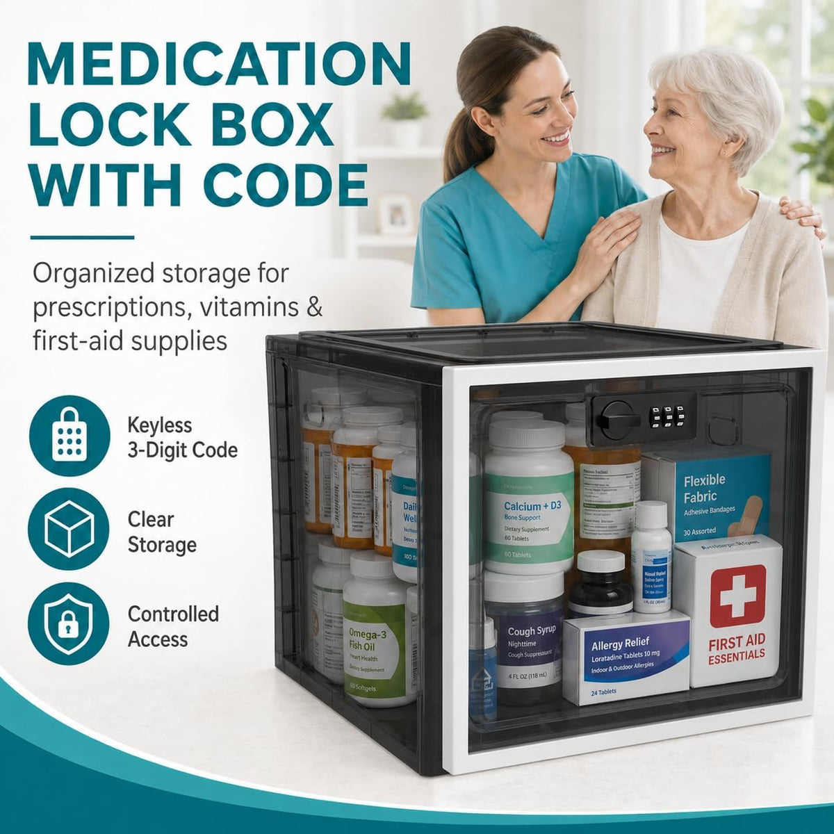Large Medication Lock Box with Code, Clear Lockable Storage Box for Refrigerator, Cabinet & Dorm, Stackable Medicine Box for Prescriptions, Snacks, Phone, 11.9" x 9.3" x 7.6", Black