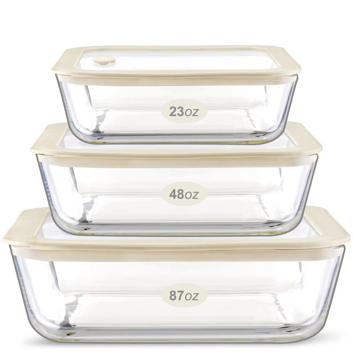 Urban Green Glass Food Container Set with Glass Lid, Large Meal Prep Container Set, Airtight Food Storage Containers with Air Vent Lid, 2 Pack, Large, 87oz, LeakProof, 100% Plastic Free, White color,