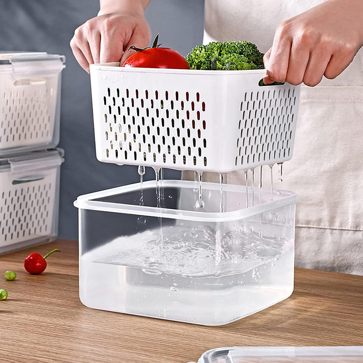 3Pack Fridge Food Storage Container Set with Lids with Strainer,Plastic Fresh Produce Saver Vegetable Fruit Meat Storage Organization, BPA-Free Plastic Produce Keepers(3.15L+1.7L+0.8L)