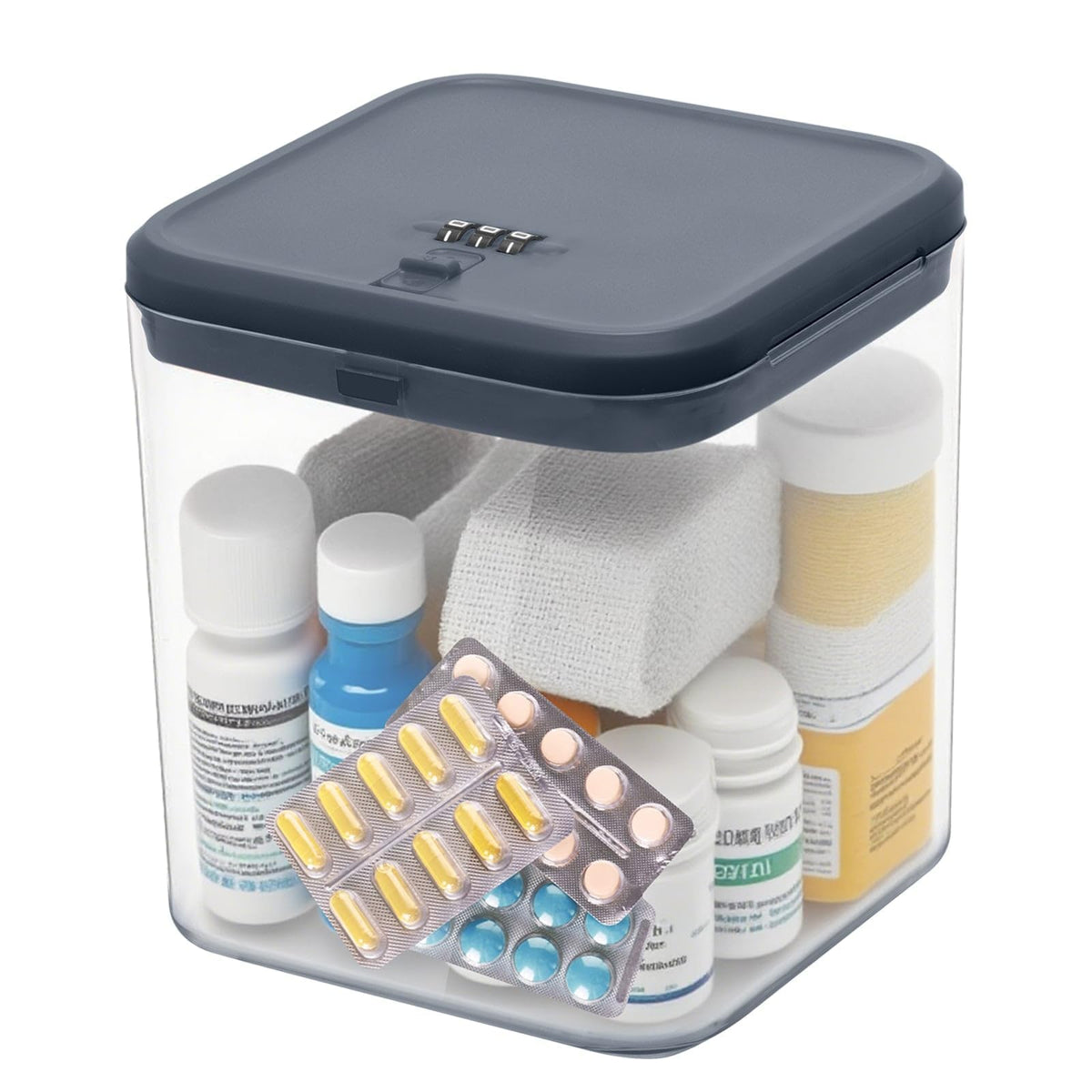 Large Medication Lock Box with Code, Clear Lockable Storage Box for Refrigerator, Cabinet & Dorm, Stackable Medicine Box for Prescriptions, Snacks, Phone, 11.9" x 9.3" x 7.6", Black