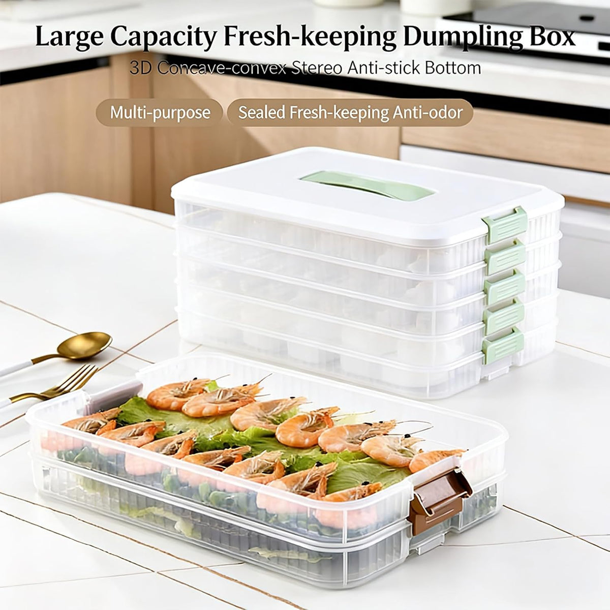 Refrigerator storage box, 5-layer sealed dumpling freezer box, kitchen food grade refrigerator, food dumpling preservation box, multifunctional classification storage organizer (Green-5 layer)