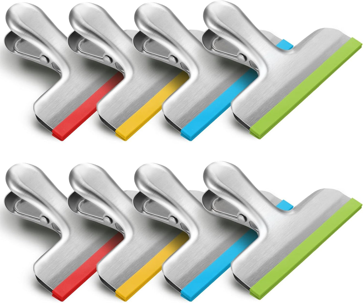 HOUSE AGAIN 8 Pack Stainless Steel Chip Bag Clips Covered with Silicone - NO More Sharp Edges - Color Coded for Food Bags - Air Tight Seal, Heavy Duty for Kitchen and Office, 3 Inches