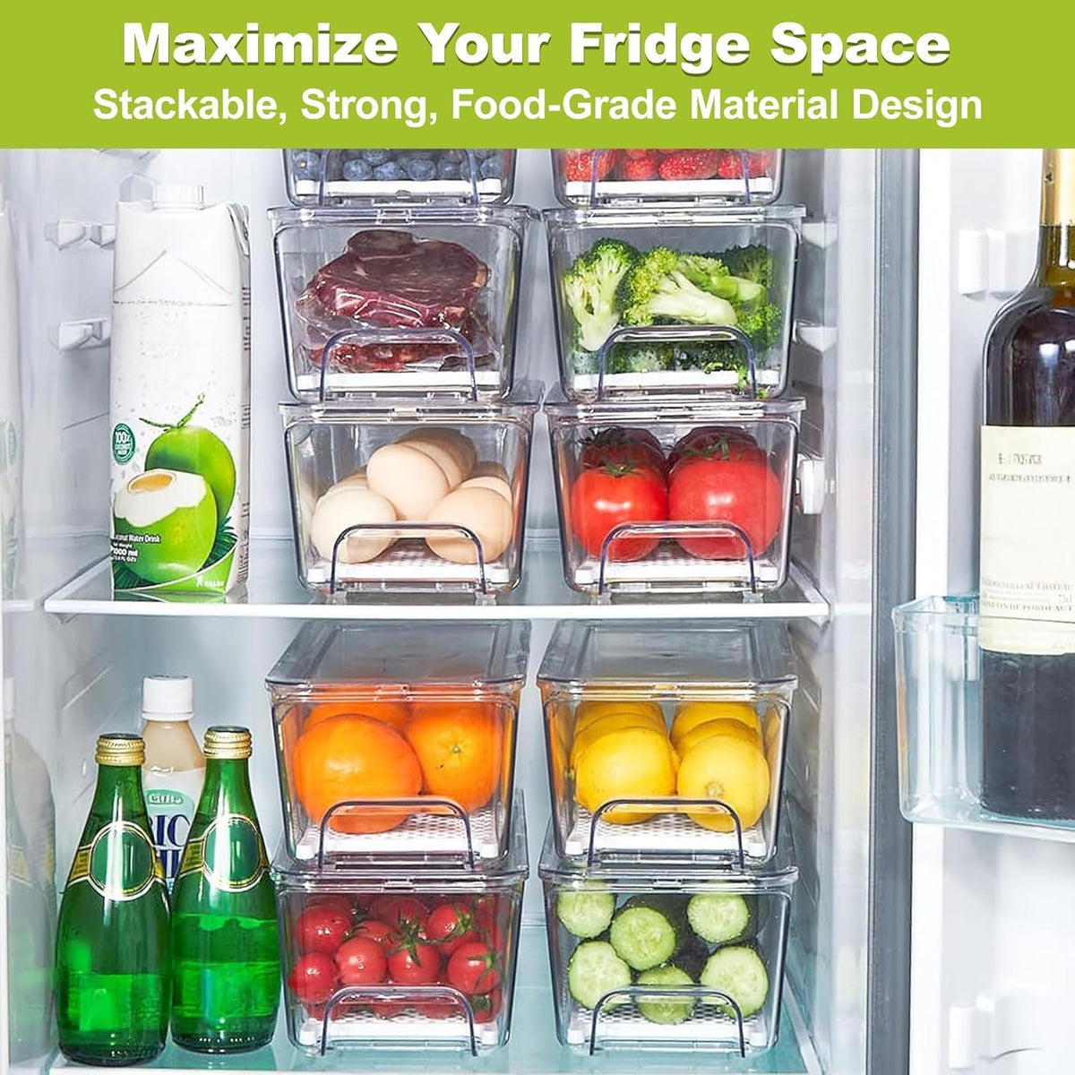 3-Pack Fridge Organizers and Storage, Stackable Refrigerator Bins