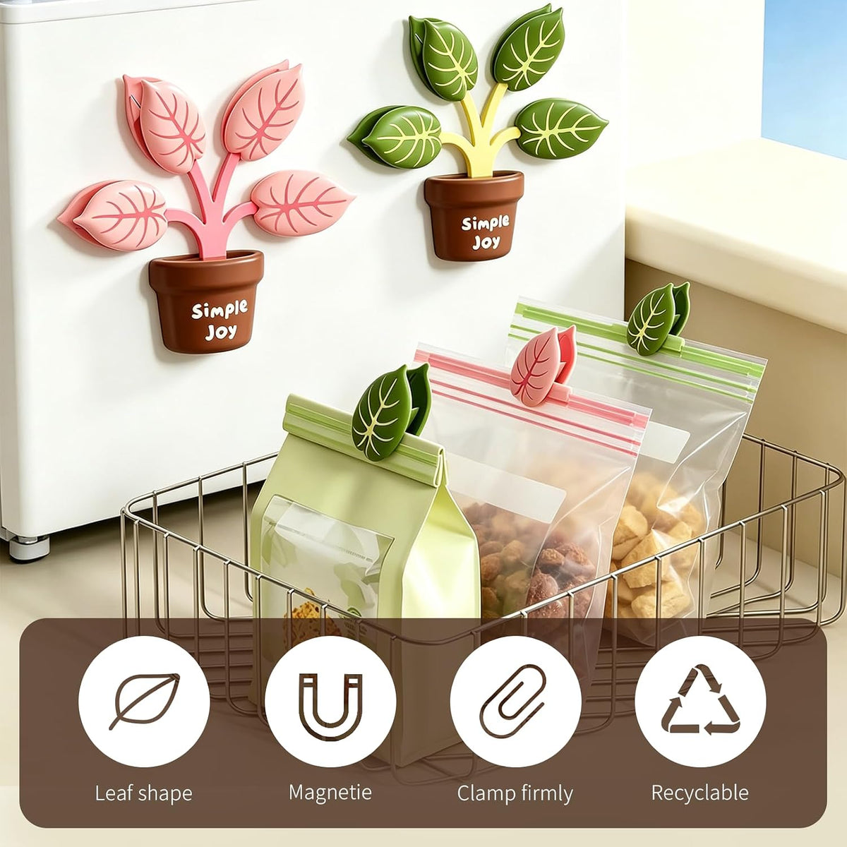 2Pcs Cute Chip Clips, Green Plant Shape Magnetic Chip Clips, Heavy Duty Magnetic Chip Clips for Food Storage, Sealing Clips for Snack Bags, Coffee Bags, Fridge Decor