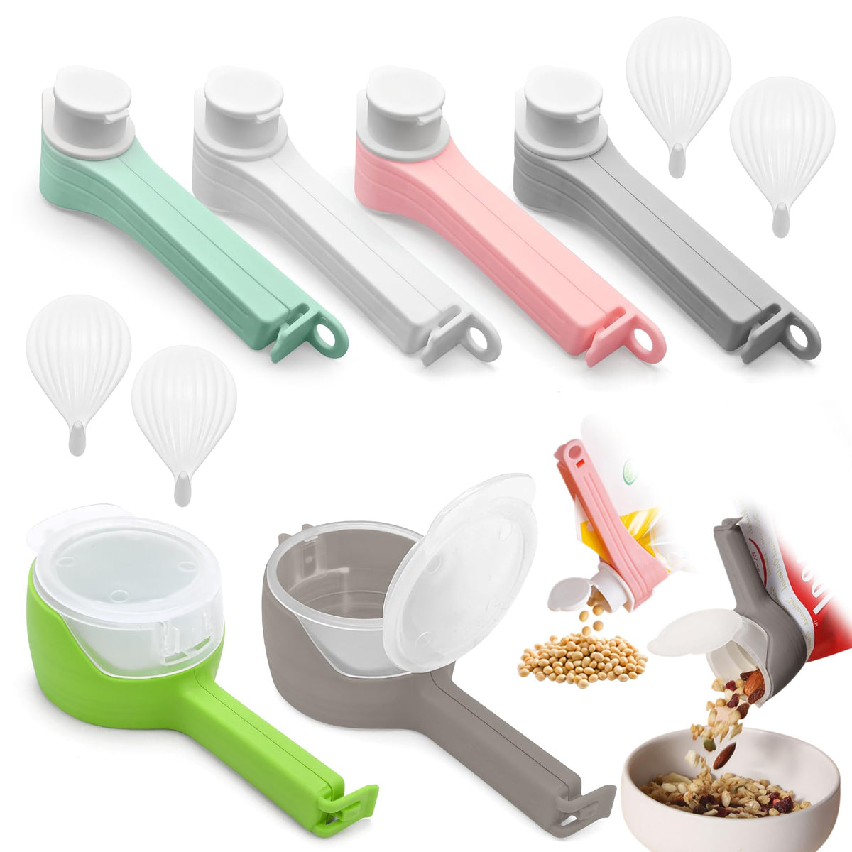 6Pcs Bag Spout Clip with Pour Spouts + 4pcs Adhesive Hooks