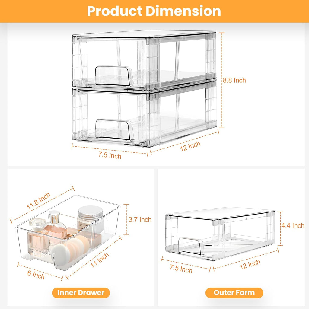 2 Pack Stackable Storage Drawers,Plastic Organizers Bins, Drawers Storage with Handles and Movable Dividers for Organization and Storage in Fridge,Bathroom, Pantry, Kitchen Cabinets, Under Sink