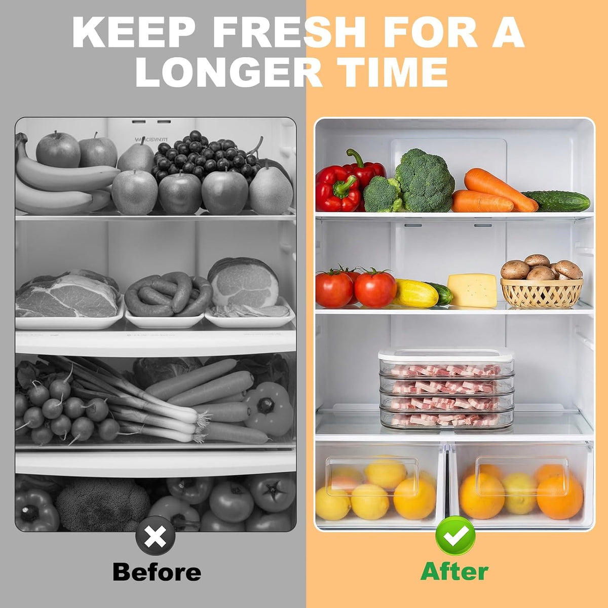 Deli Meat Container for Fridge with Lid, 4-Layer Stackable Bacon Container for Refrigerator with Clip, Clear Cold Cuts Storage Containers for Cheese Cold Cuts Bacon, BPA Free