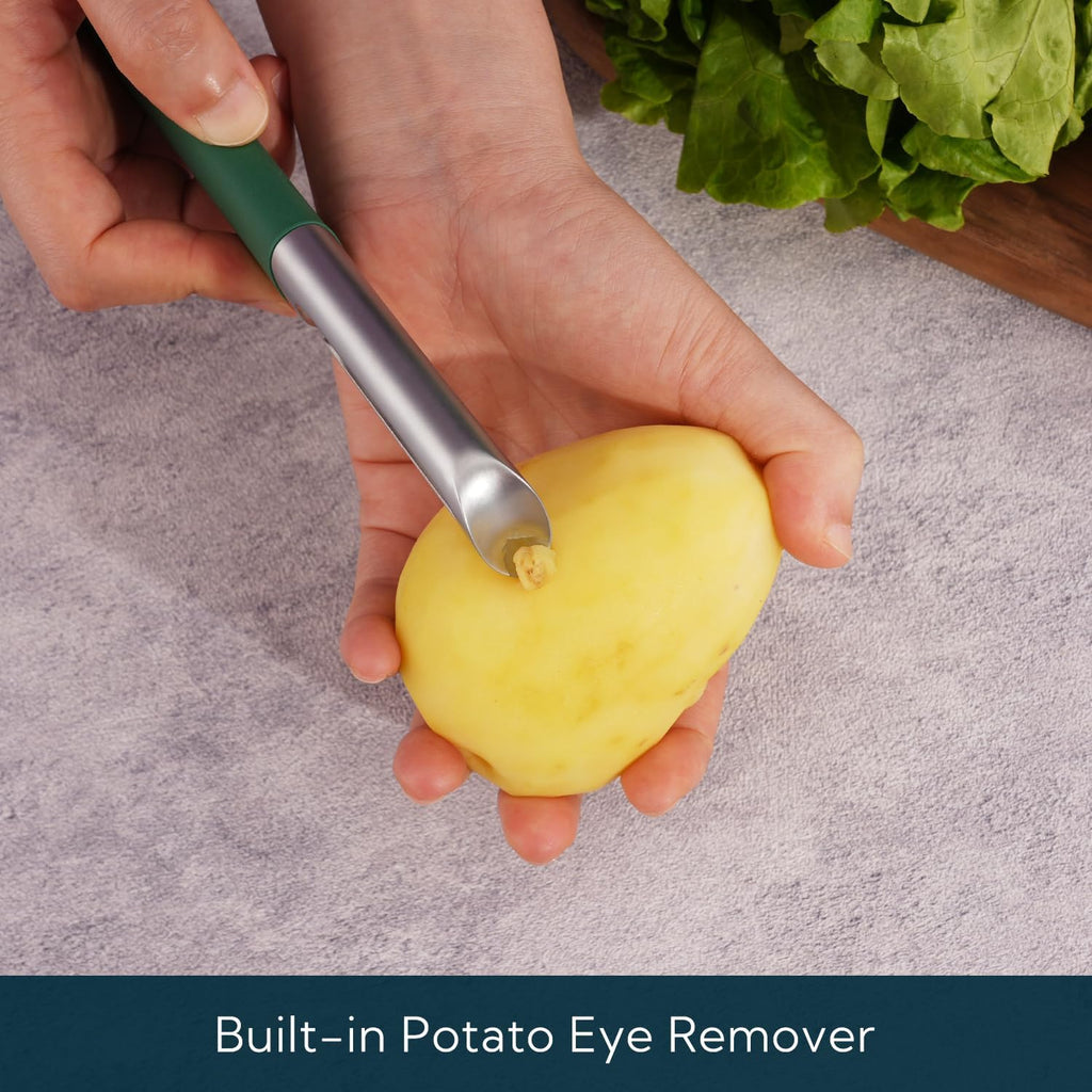 KITCHENDAO Swivel Vegetable Potato Peeler for Kitchen, Japanese Stainless Steel Sharp Blade, Heavy Duty Die-cast Construction, Built-in Eye Remover, Soft-touch Handle, Dishwasher Safe, Green