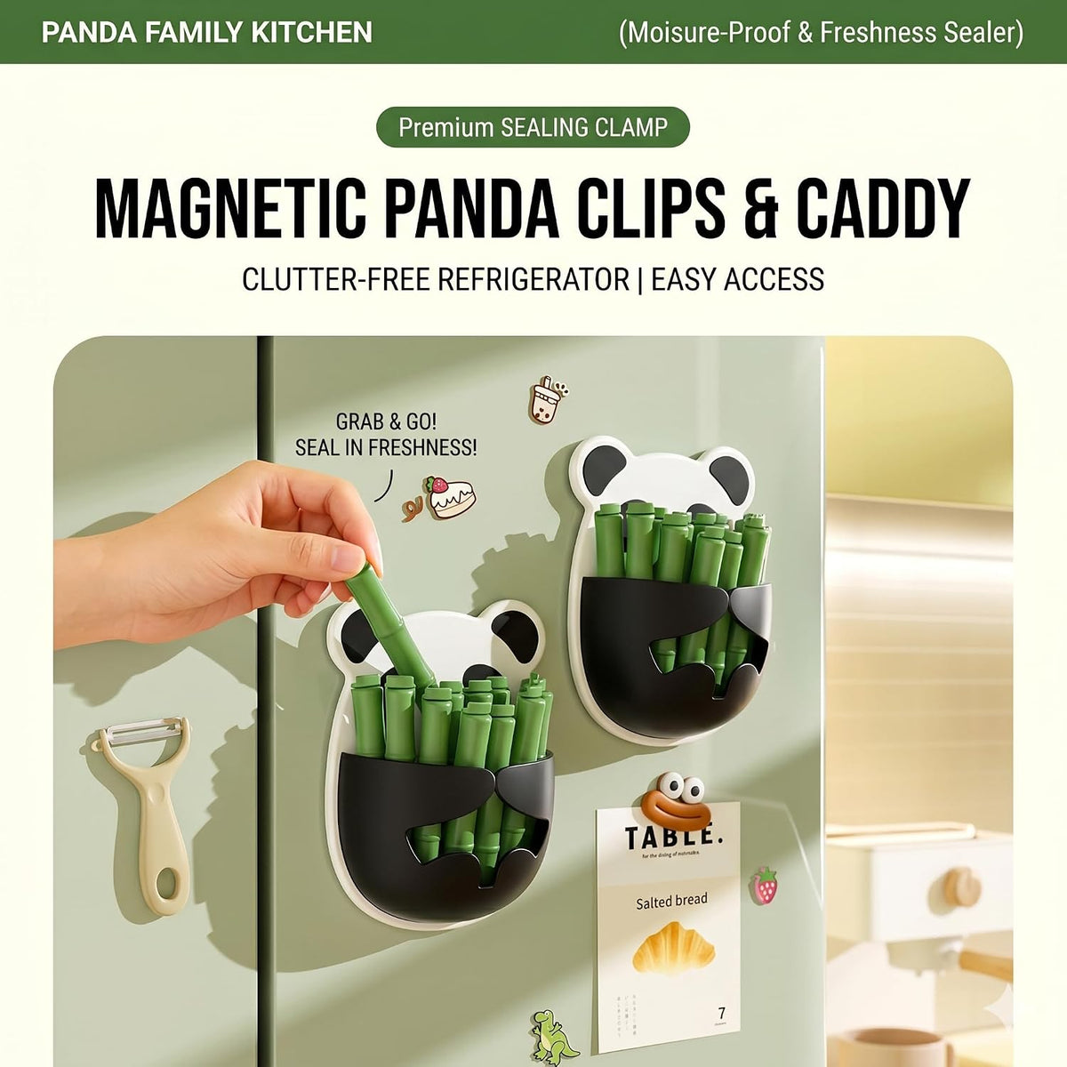 Magnetic Bamboo Cute Chip Clips&Panda Bag Clips for Food Storage Airtight Food Sealer Clamps for Snack, Bread & Chip Bags, Kitchen Fridge Organizer Caddy Gadget Set(12 Pcs+1 Base)