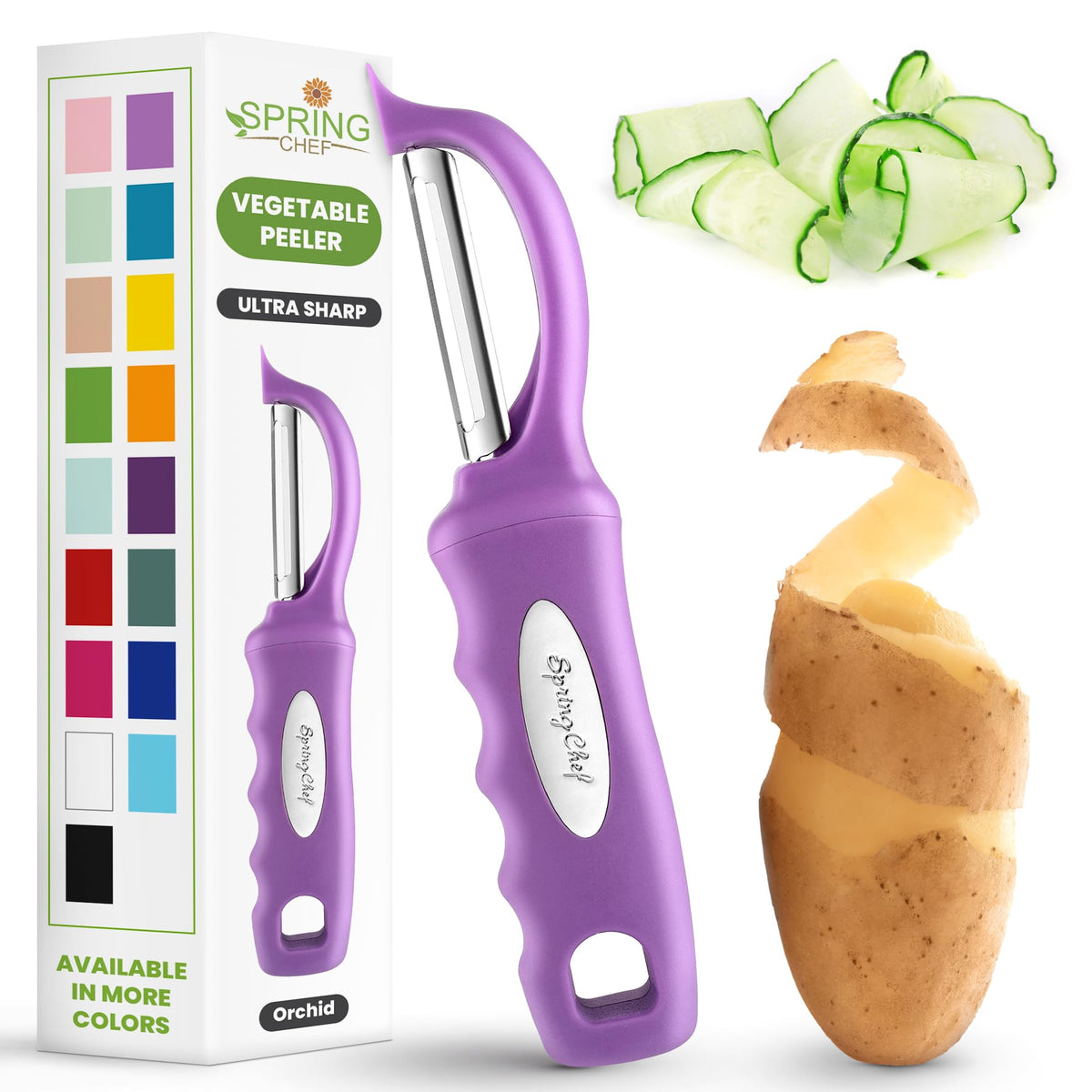 Spring Chef Swivel Potato Peeler for Kitchen w/Soft Grip Handle, Sapphire
